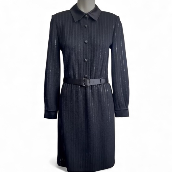 ST JOHN Evening Black Long-Sleeve Belted Shirt Dress • Sparkle Knit • Satin NWT - Picture 15 of 17